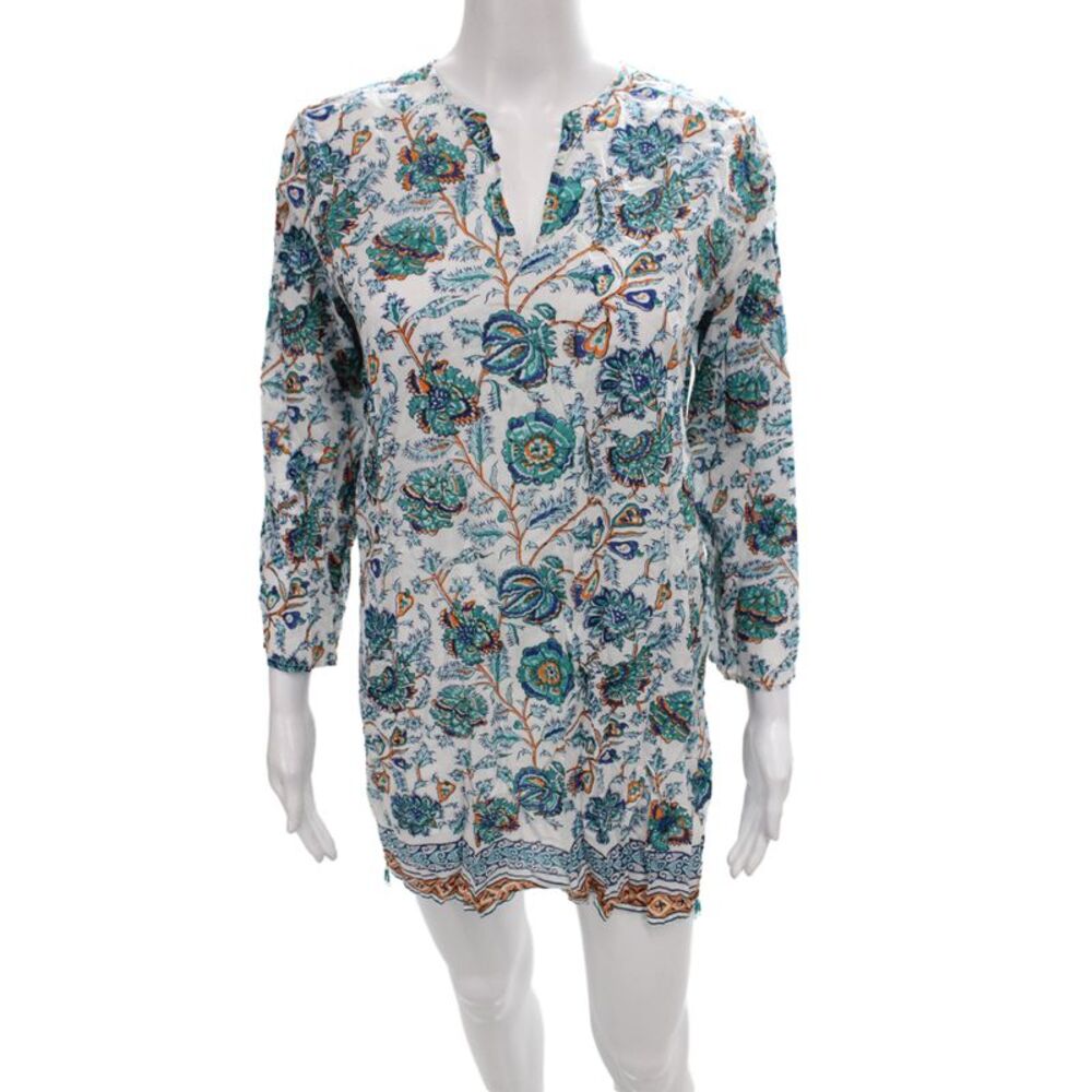 Roberta Roller Rabbit Womens Tunic Blouse Blue Floral V-Neck 3/4 Sleeve Size S